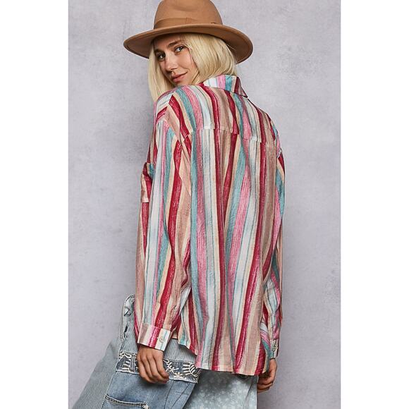 POL Striped Pattern Long Sleeves Chest Pocket Button Down Oversized Shirt | Pink - Picture 2 of 8